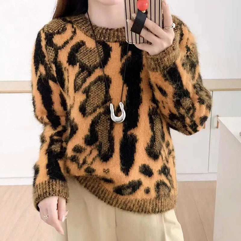 Autumn Winter New Leopard Print Round Neck Pullover Sweater For Women Elegant Knitted Tops Female Trendy 11A07744 Orange One Size