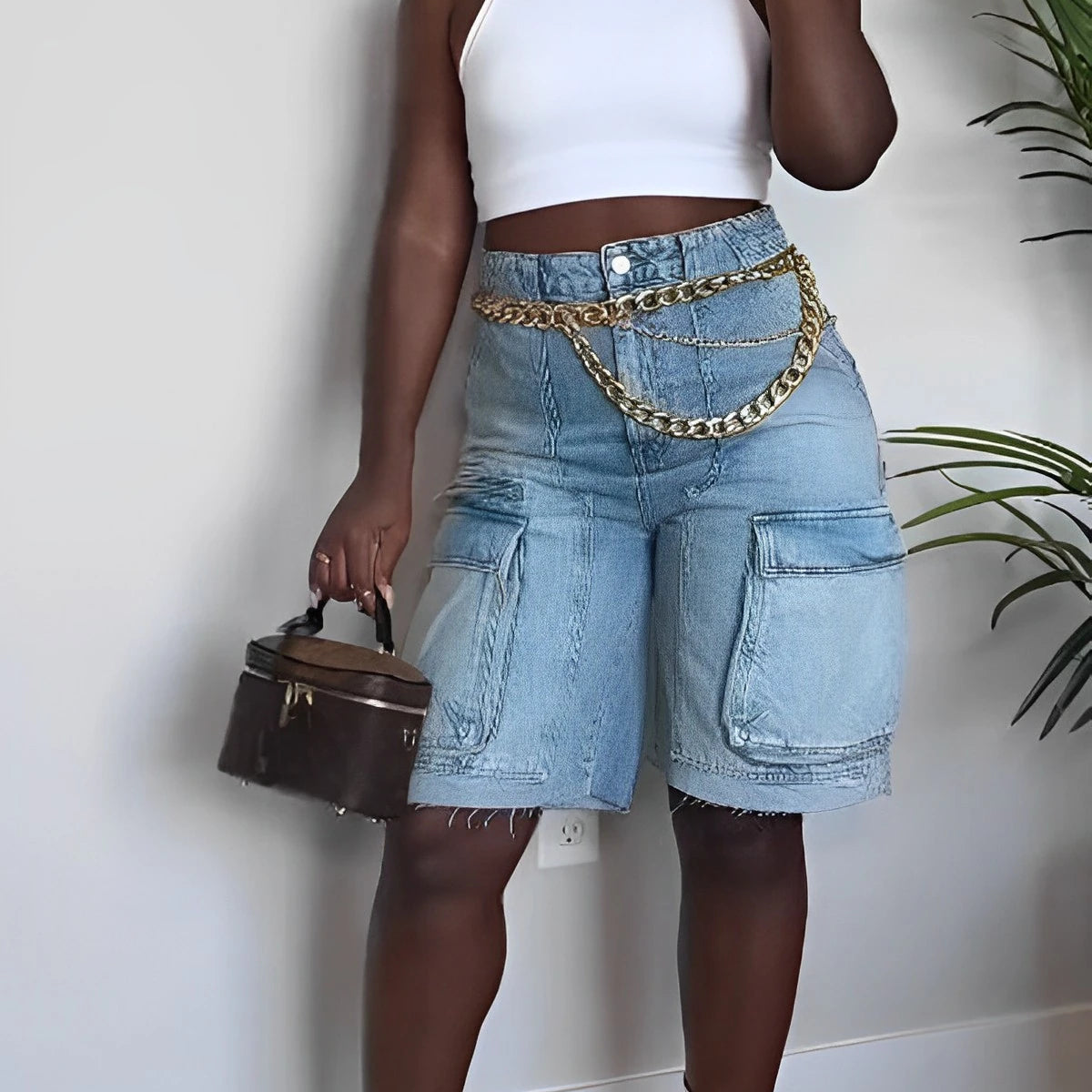 CM.YAYA Women Fashion Pocket Side Straight Knee Length Cargo Jeans 2025 Summer Party Street Short Pants