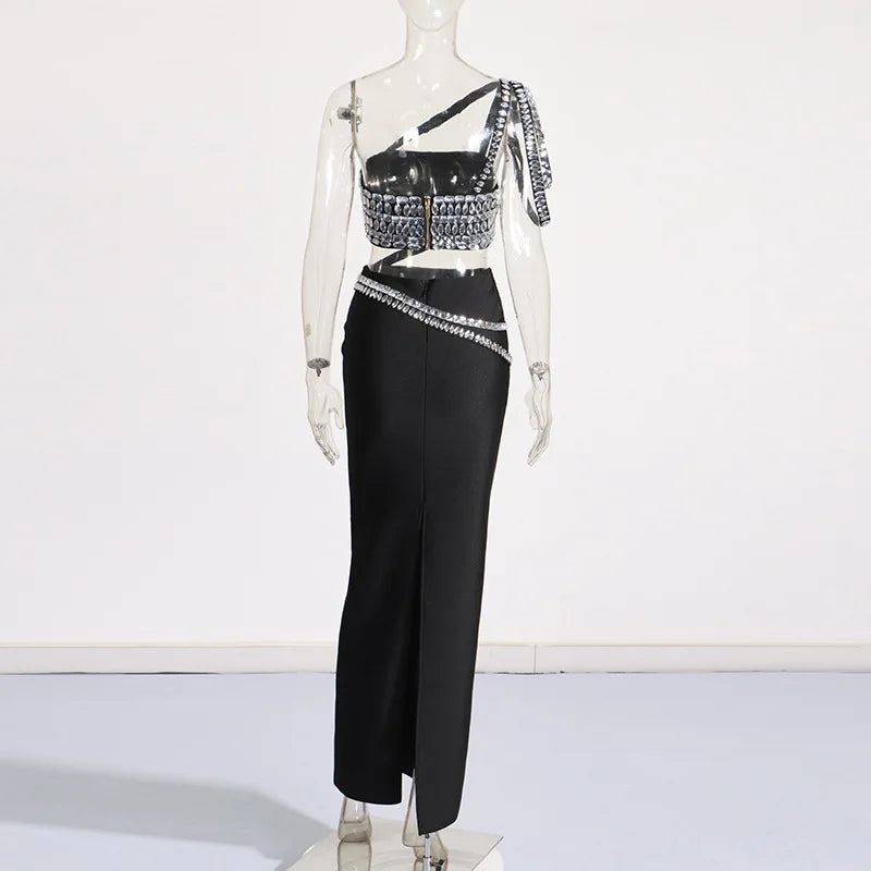 Black Color Women Sexy 2 Pieces Bodycon Long Bandage Dress Big Crystal Fashion Nightclub Party Celebrate Dress