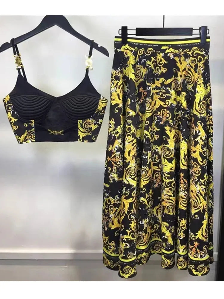 Summer Holiday Blue And White Porcelain Two Piece Set Women's Spaghetti Strap Padded Cup Zipper Print Short Top+Long Skirt Suits black