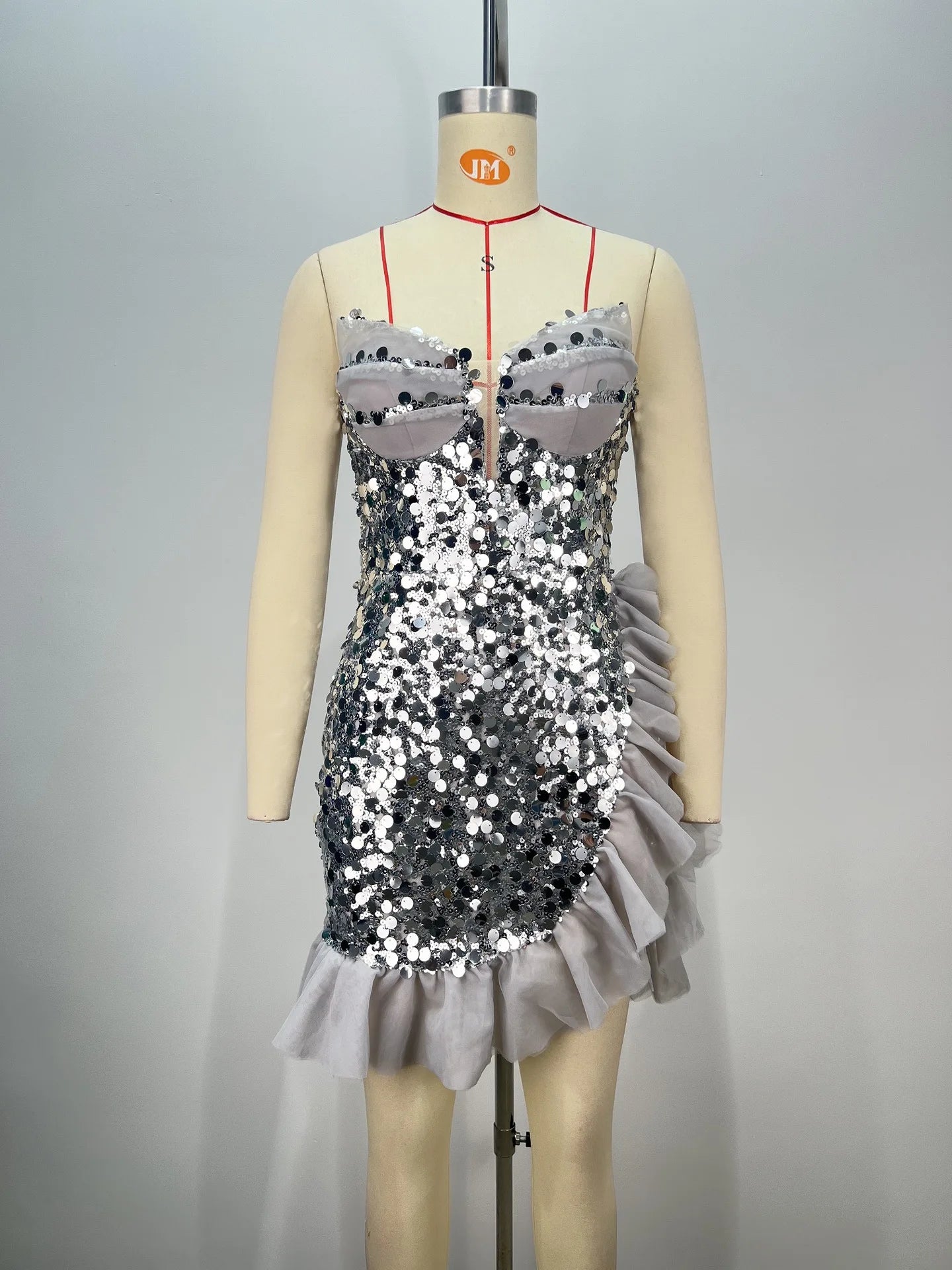 2024 Sliver Sequins Sexy Deep V Strapless Falbala Mini Dress Fashion Woman Evening Party Dress Celebrity Birthday Party Outfit