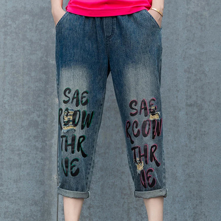 Max LuLu Spring Korean Loose Denim Pants Ladies Printed Classic Casual Elastic Jeans Womens Harajuku Vintage Harem Trousers Blue