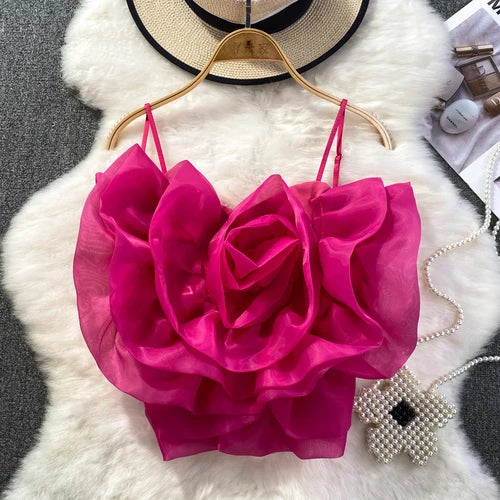 Chic Vintage Backless Corset Bustier Three-dimensional Flower Tank Top Korean Fashion Summer Beach Women Sling Crop Top Rose Red One Size