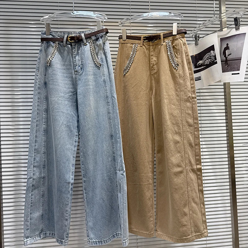 DEAT 2026 Spring New Street Style Rhinestone Pocket Belt Design Loose Wide-Leg Jeans For Women Straight Denim Pants 11A07800
