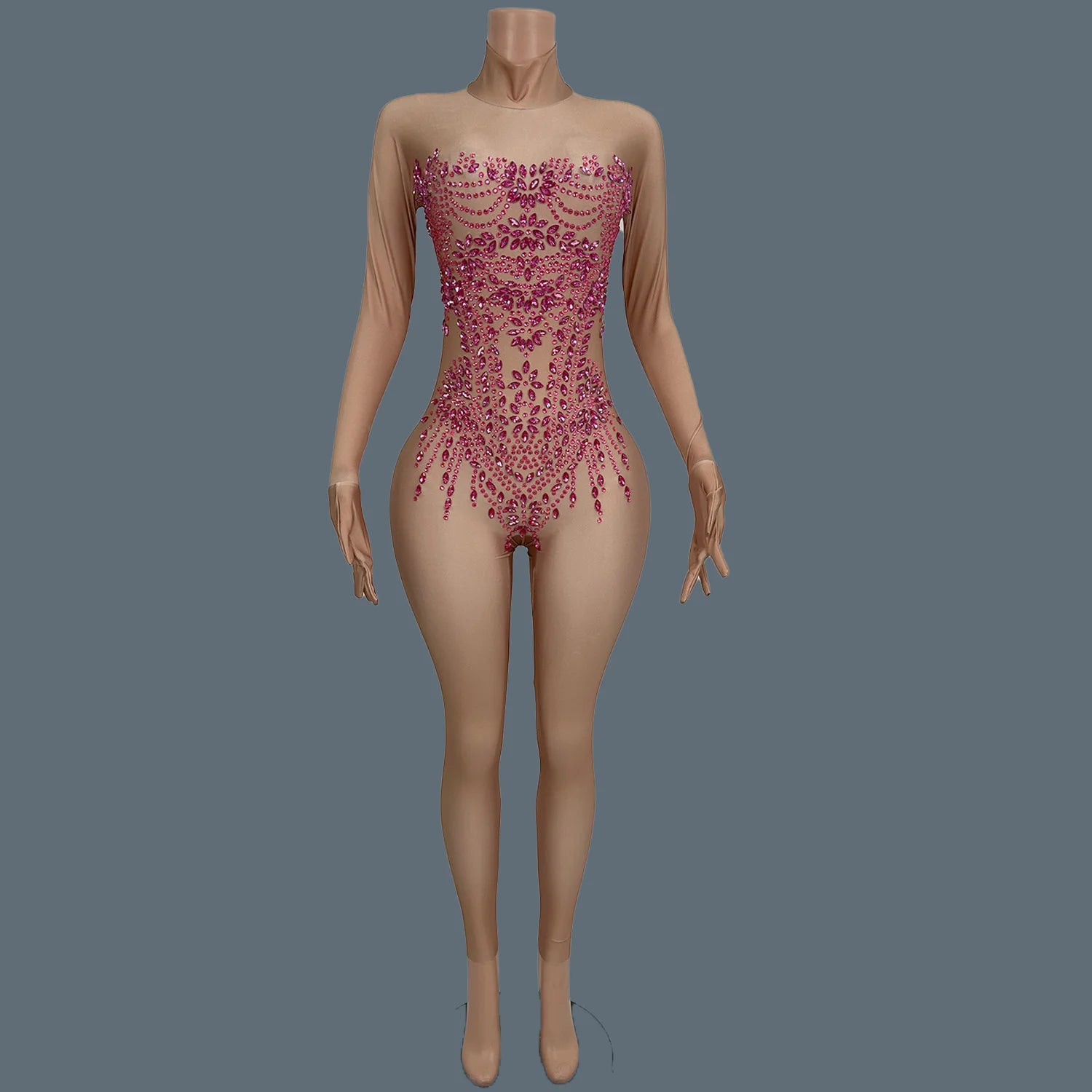 Sexy Women Long Sleeve Rhinestone Jumpsuit Gloves Festival Celebrate Party Outfit Club Stage Show Tight Fitting Jumpsuit Zhubao Nued rose pink One Size