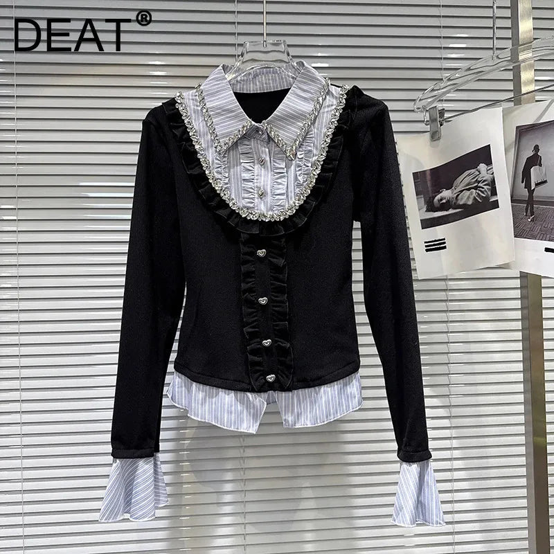 Winter New Style Rhinestone Ruffled Edge Patchwork Fake Two-Piece Shirt For Women Contrast Color Tops Female 11A07757