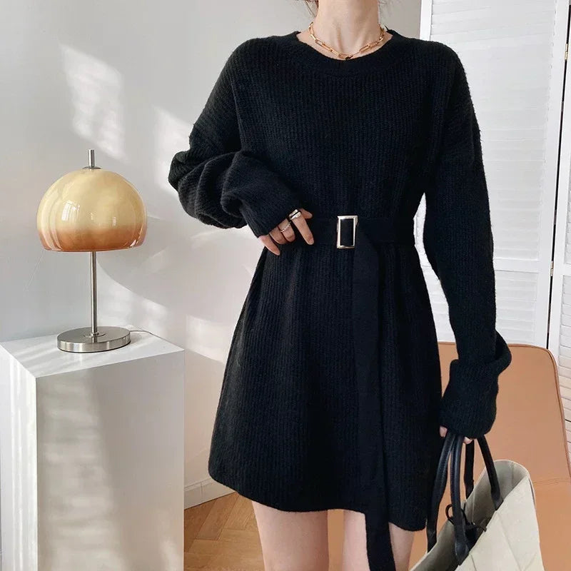 Autumn Winter Women's Long Sweater Dress with Blet Thick O Neck Knitted Pullovers Lady Korea Fashion Oversize Sweater Women black One Size