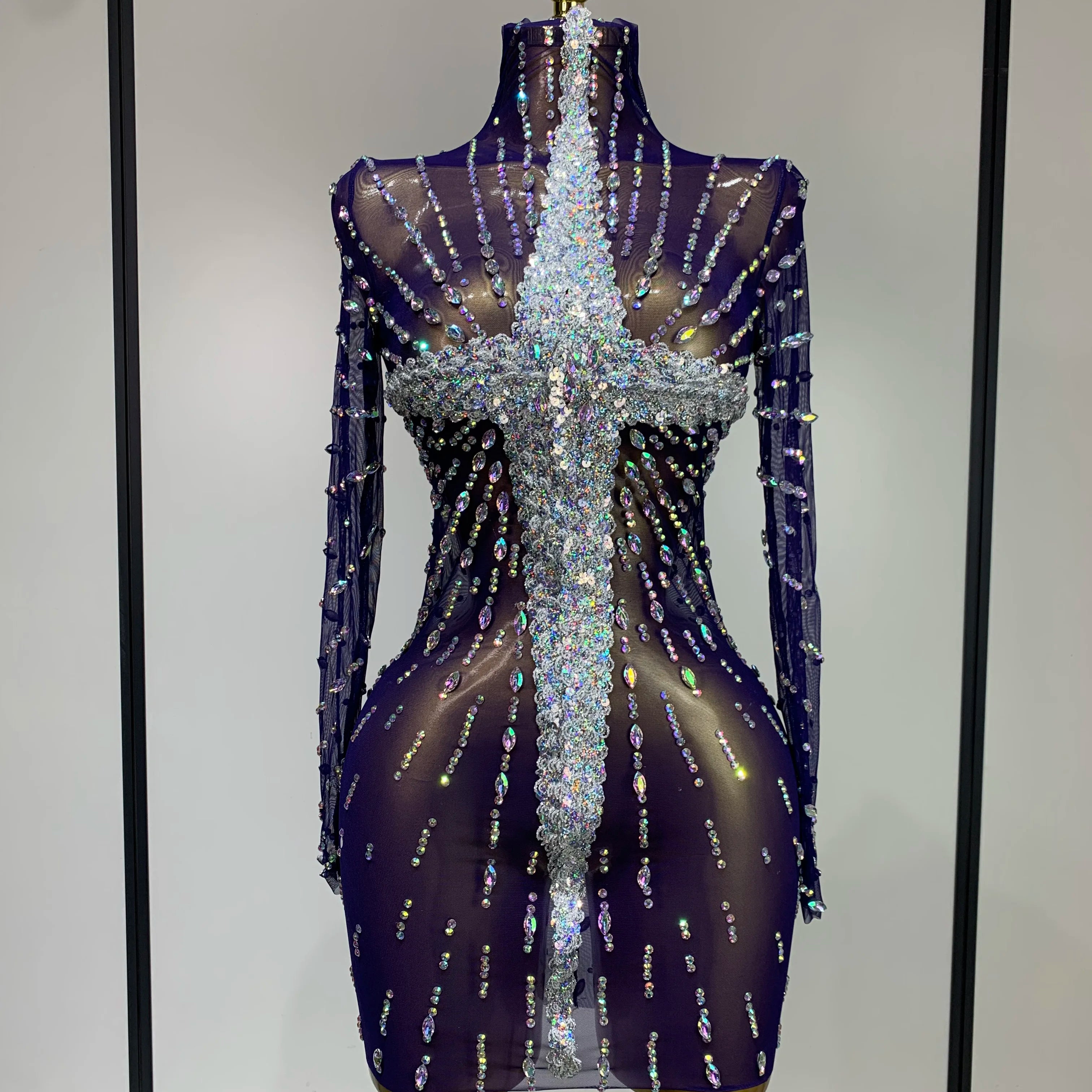 Sparkly Diamonds Mesh See Through Long Sleeves Mini Dress Women Eveing Birthday Party Sexy Nightclub Bar Singer Stage Costume Blue