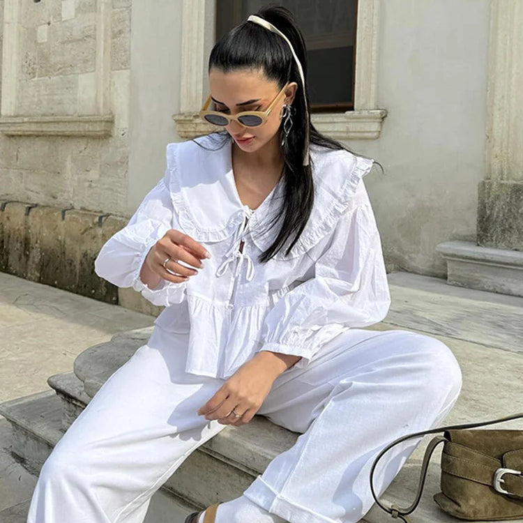 Chic Lace Up Pleated Women Shirts Blouses Lantern Sleeve White Female Streetwear Loose Spring Summer Lapel Elegant Lady Top