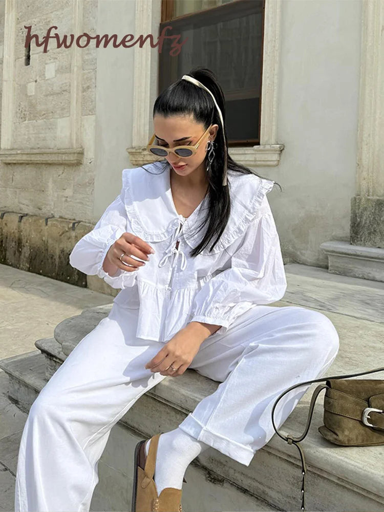 Chic Lace Up Pleated Women Shirts Blouses Lantern Sleeve White Female Streetwear Loose Spring Summer Lapel Elegant Lady Top