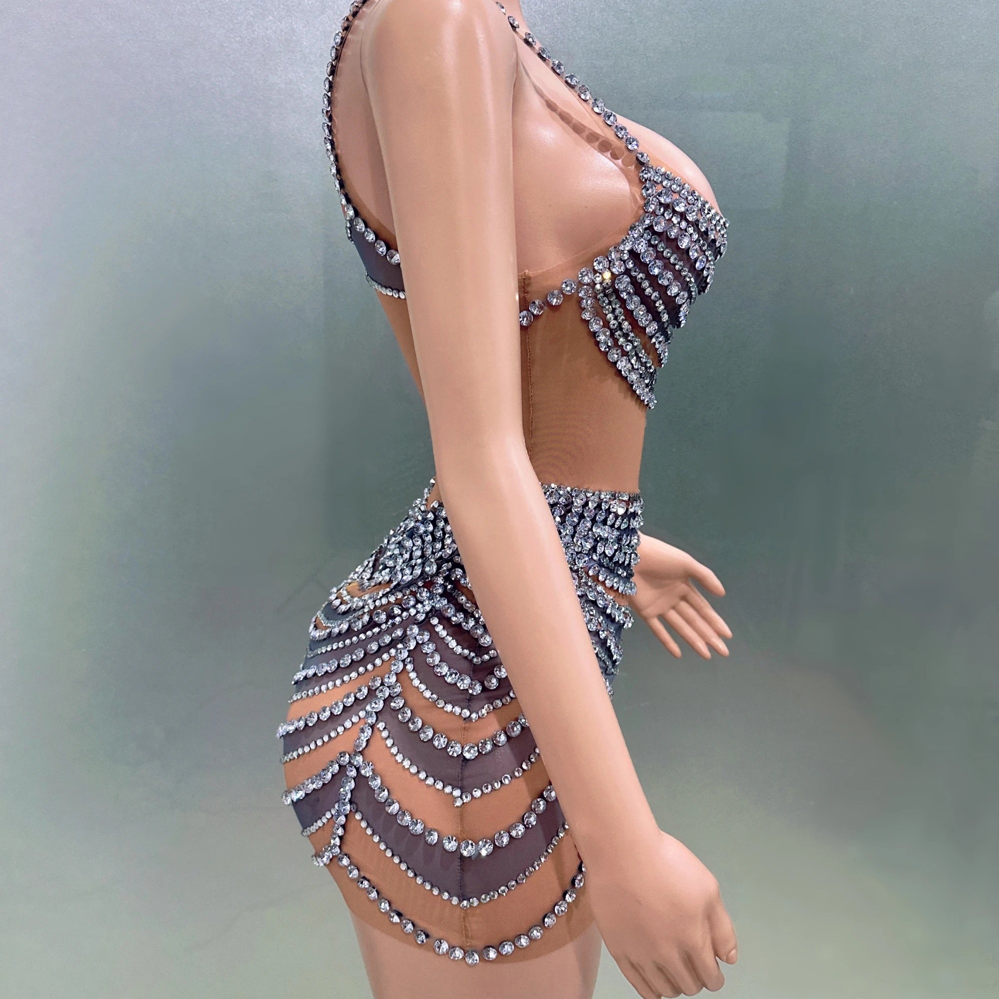 STOCK Women Sleeveless Sexy O-Neck Bodycon Mini Mesh Crystal Dress Celebrate Nightclub Party Bar Singer Performance Costume