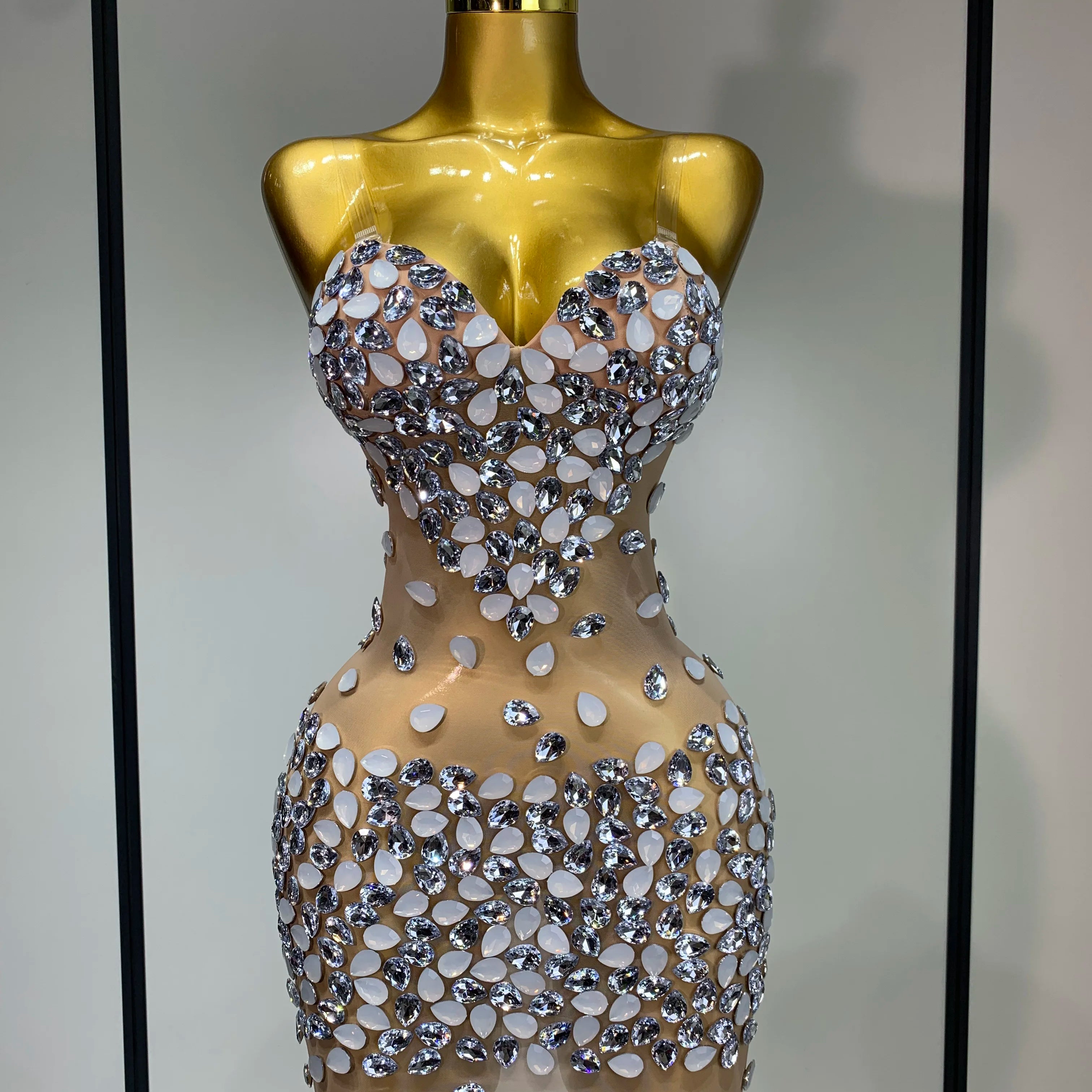 Sexy Sparkly Rhinestone Backless Mini Dress Women Sleeveless Mesh See Through Evening Party Luxury Birthday Gown Stage Outfit Beige
