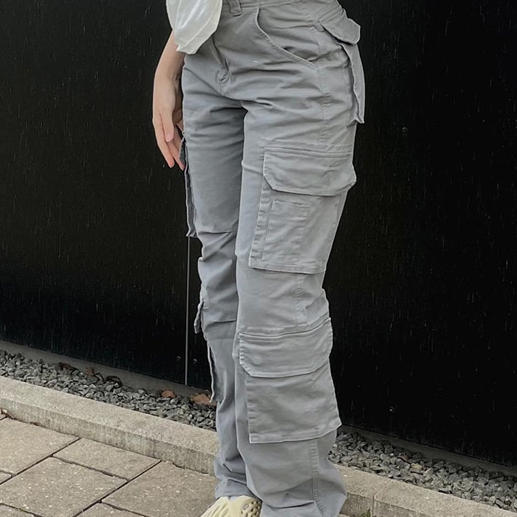 Vintage Cargo Pants Baggy Jeans Women Fashion 90s Streetwear Pockets Wide Leg High Waist Straight Y2k Denim Trousers Overalls Gray