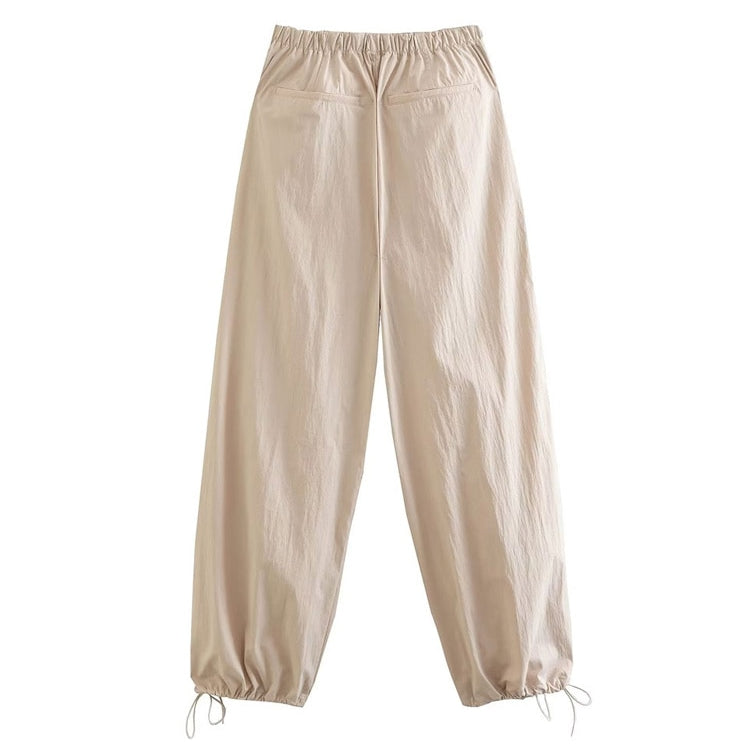 TRAF Women Fashion Side Pockets Pleats Knee Jogging Pants Vintage High Elastic Waist With Drawstring Female Trousers Mujer