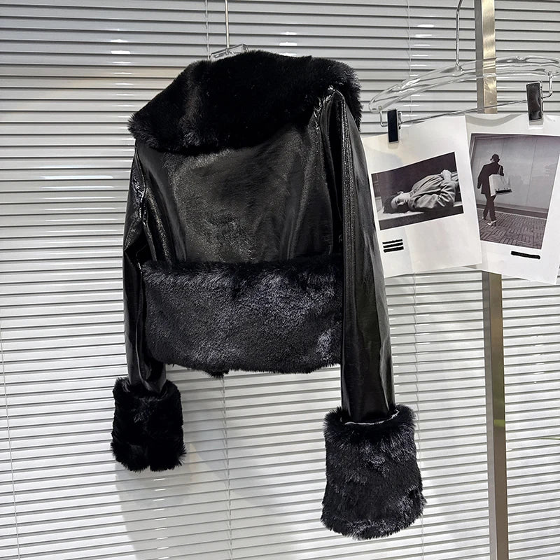 Winter New Fashion Fur Patchwork PU Leather Short Jacket For Women High Street Style Lapel Coat Female Trend 11A07483