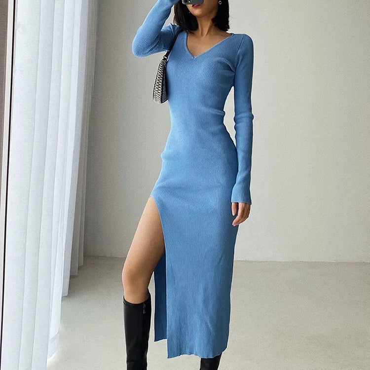 spring and winter sexy French slit sweater dress female slim tight-fitting hip-knit over-the-knee dresses