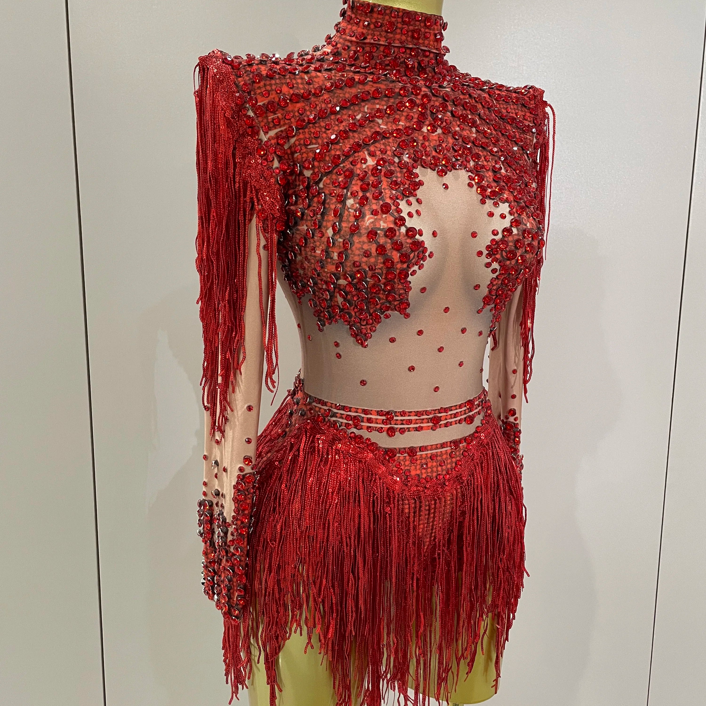 Sparkly Rhinestone Sequin Tassel Stretch Bodysuits 2025 Women Birthday Party Nightclub Dj Stage Performance Costume