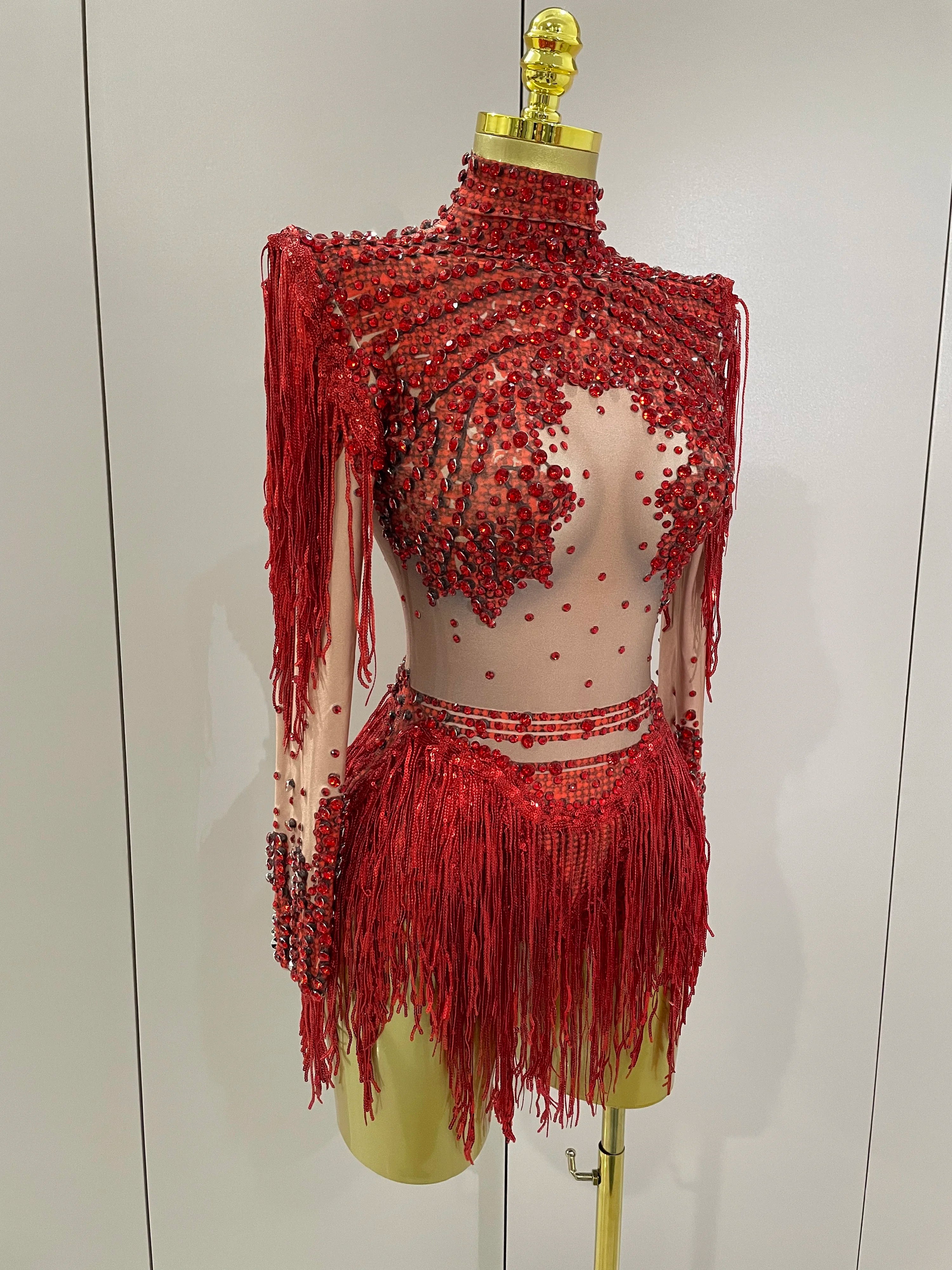 Sparkly Rhinestone Sequin Tassel Stretch Bodysuits 2025 Women Birthday Party Nightclub Dj Stage Performance Costume