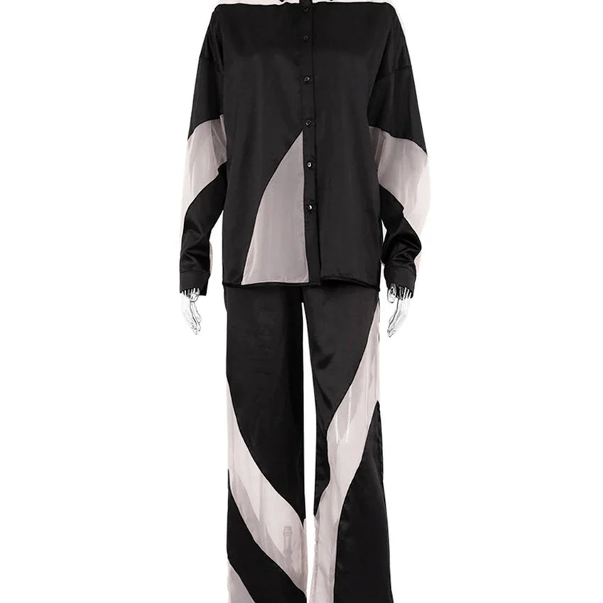 Clacive Elegant Women'S Sets Fashion Loose Spliced High Waist Pants Set Casual Long Sleeve Shirts 2 Piece Sets Women Outfit 2023