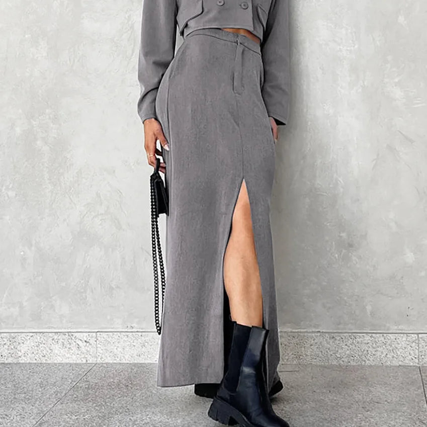 Women's Suit Notched Collar Long Sleeve Crop Blazer High Waist Split Ankle-length Skirts Set Female Autumn Skirt