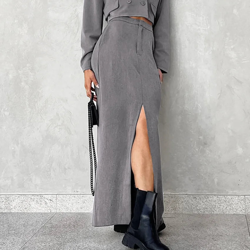 Women's Suit Notched Collar Long Sleeve Crop Blazer High Waist Split Ankle-length Skirts Set Female Autumn Skirt