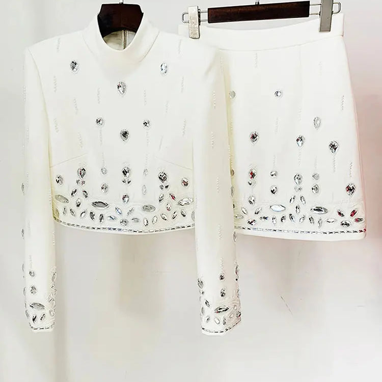2024 Heavy Industry Nail Bead Inlaid Diamond Short Skirt Set O-neck Long Sleeve Slim Fit Short Top+Nail Bead Skirt Two Piece Set WHITE