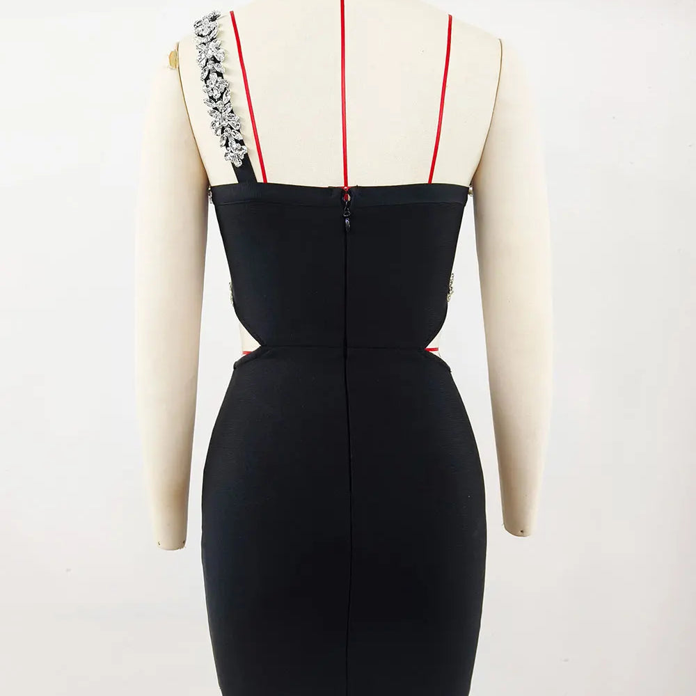 2024 Sexy Women'S Heavy-Duty Nail Bead Rhinestone Bandage Dress, One Shoulder Sleeveless Bodycon Hollow Out Backless Mini Dress