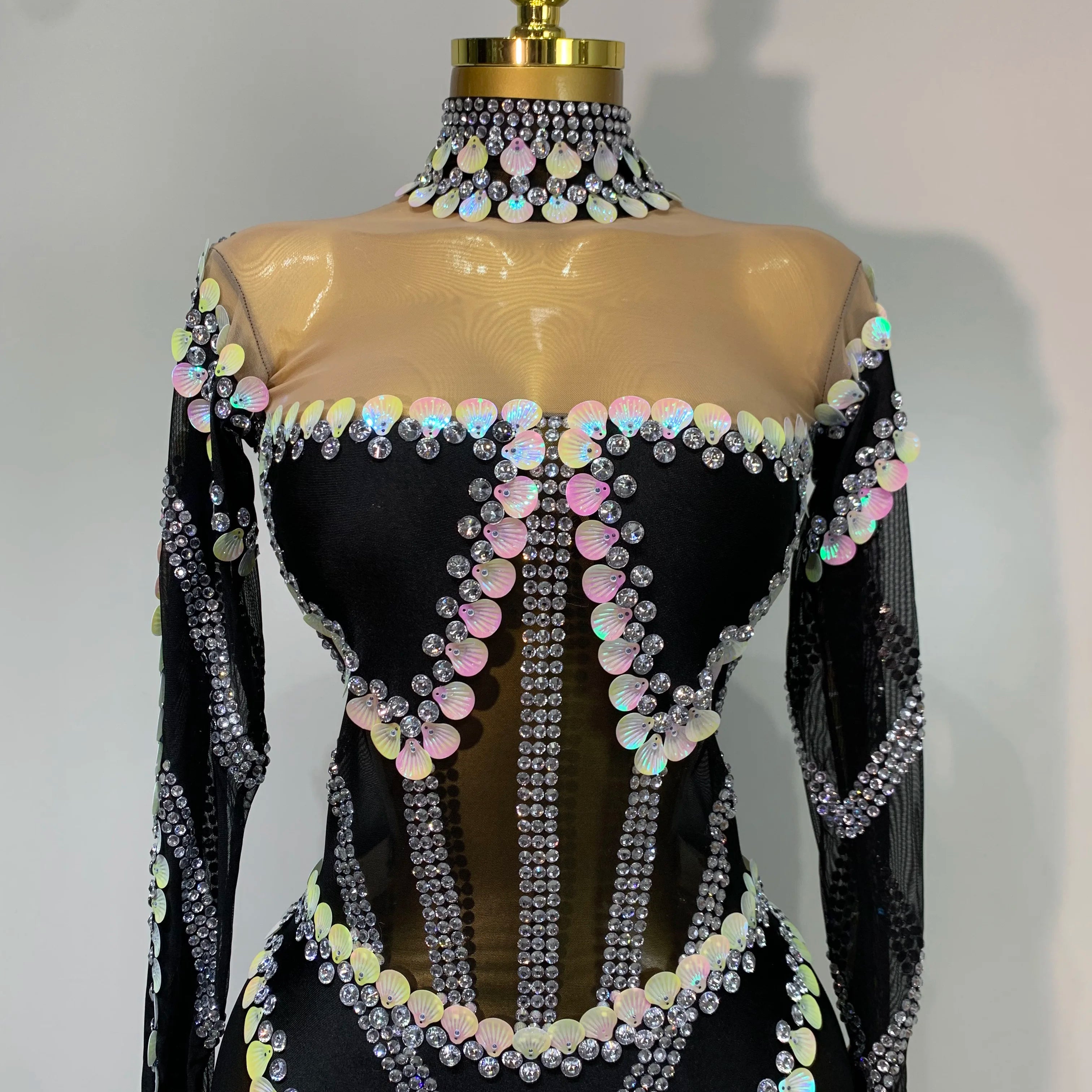 Women Sexy Long Sleeve Sparkly Crystal Sequin Mesh Jumpsuit Nightclub Cos Party Dancer Performance Costume Stage Outfit