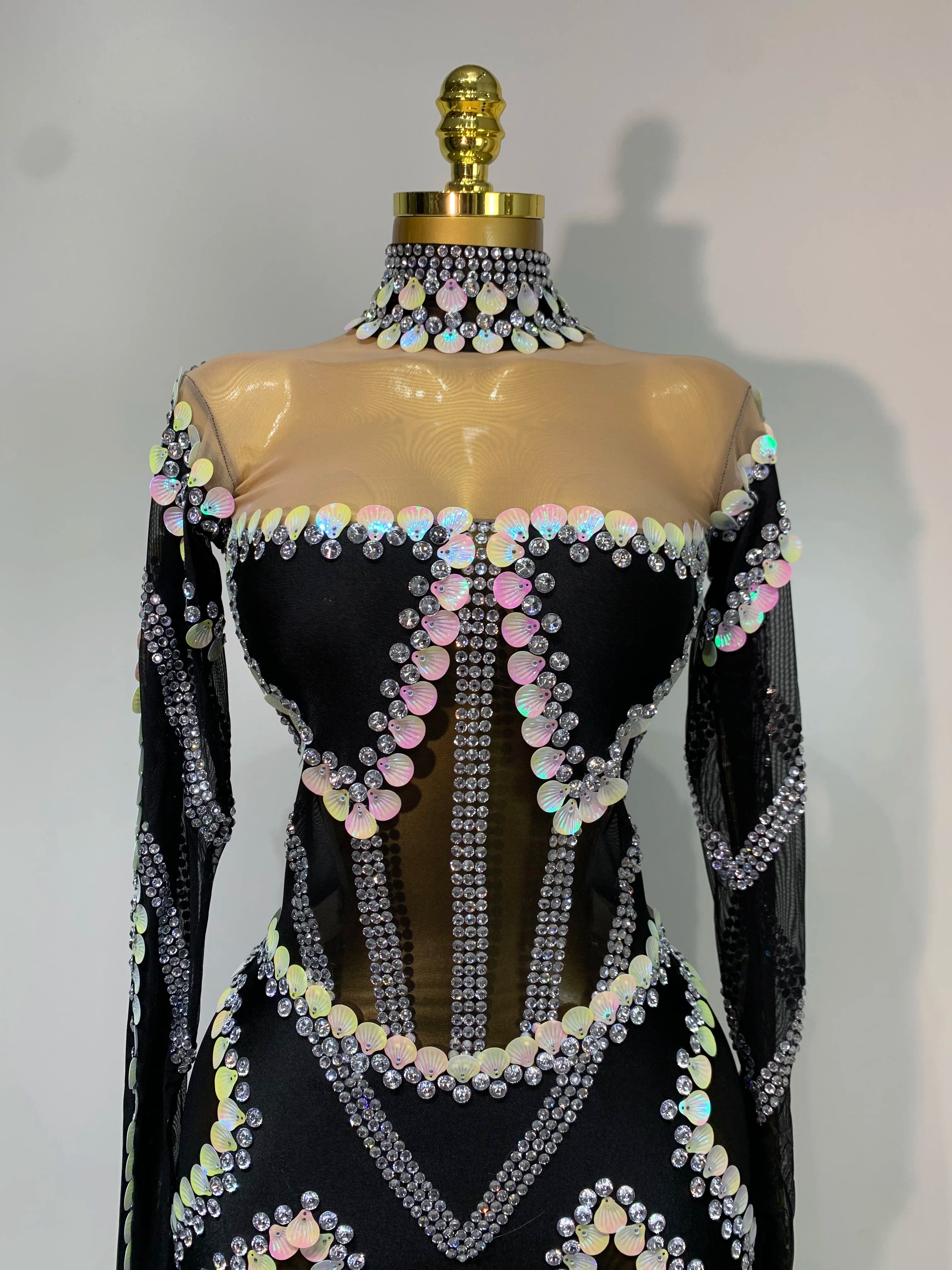 Women Sexy Long Sleeve Sparkly Crystal Sequin Mesh Jumpsuit Nightclub Cos Party Dancer Performance Costume Stage Outfit