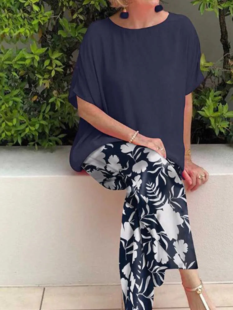 Two Piece Pants Set for Woman Summer Clothing Female Streetwear Casual Loose Tshirt and Print Trouser Plus Size Suit Set