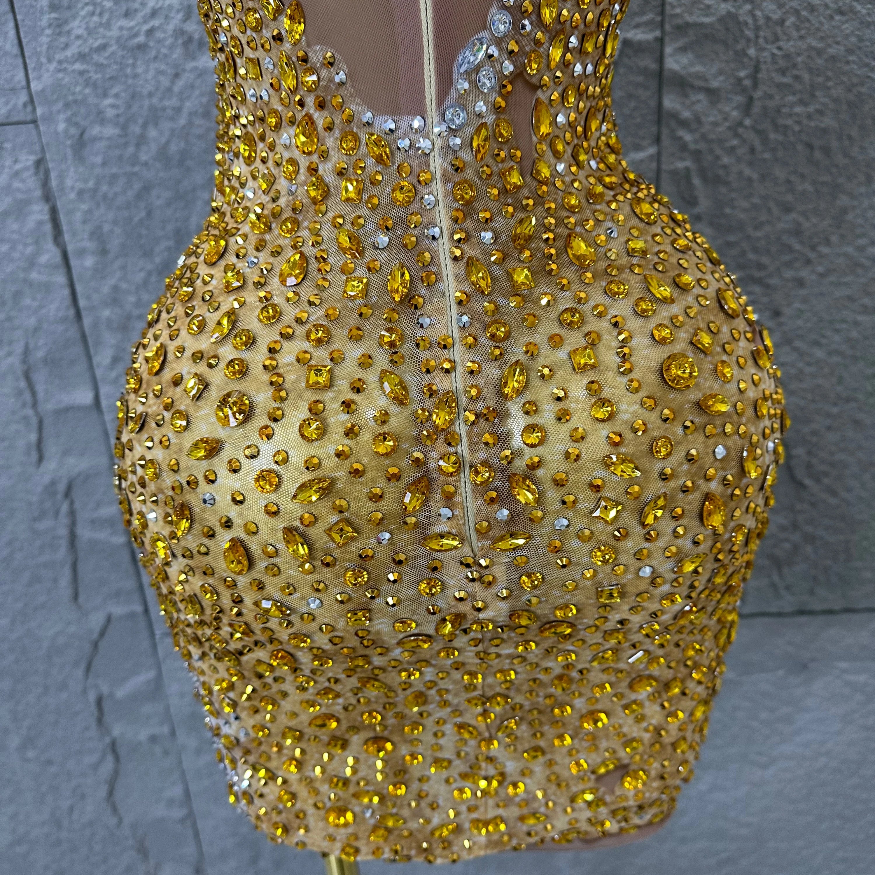 2026 New Sexy Fashion Gold Sparkly Dance Show Stage Costume Women Birthday Party Rhinestones Tassels Transparent Short Dress