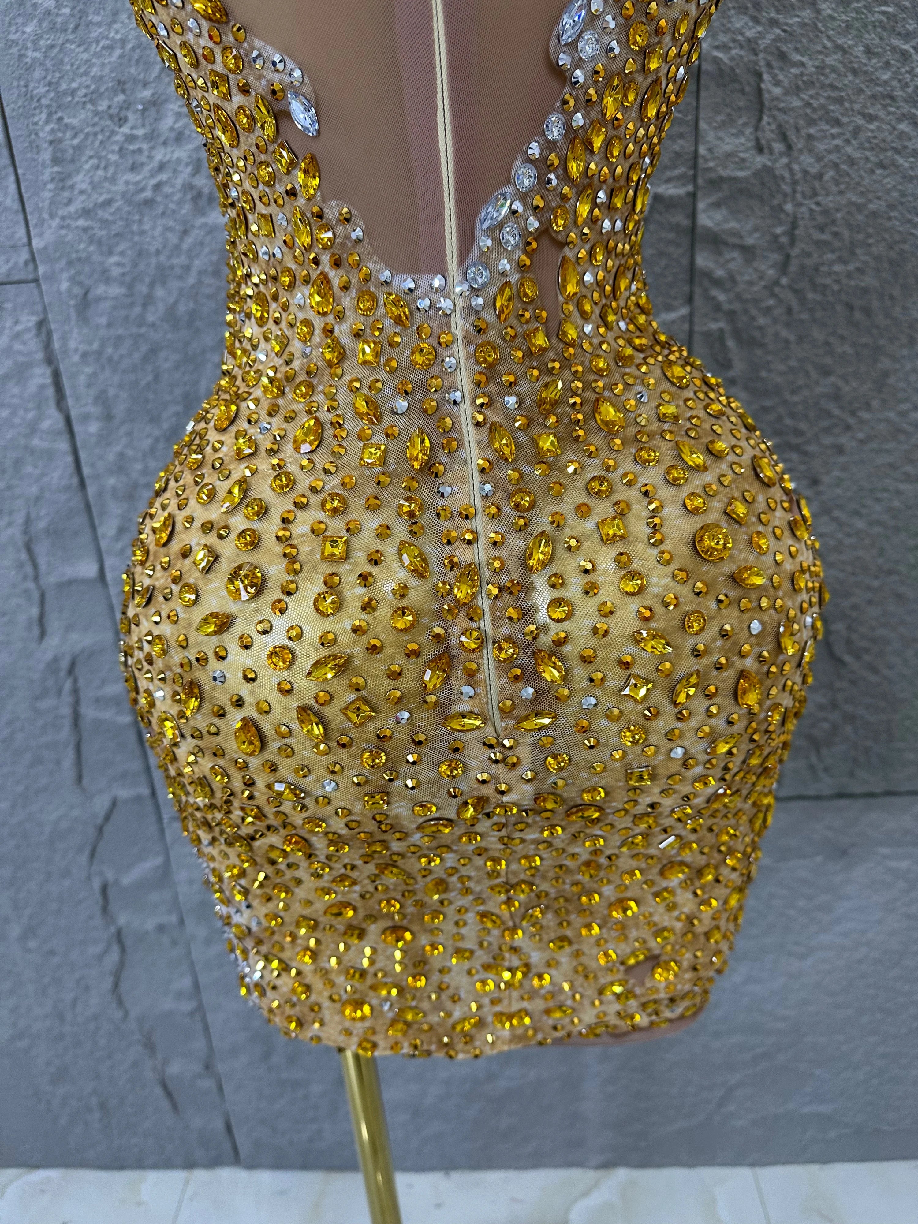 2026 New Sexy Fashion Gold Sparkly Dance Show Stage Costume Women Birthday Party Rhinestones Tassels Transparent Short Dress