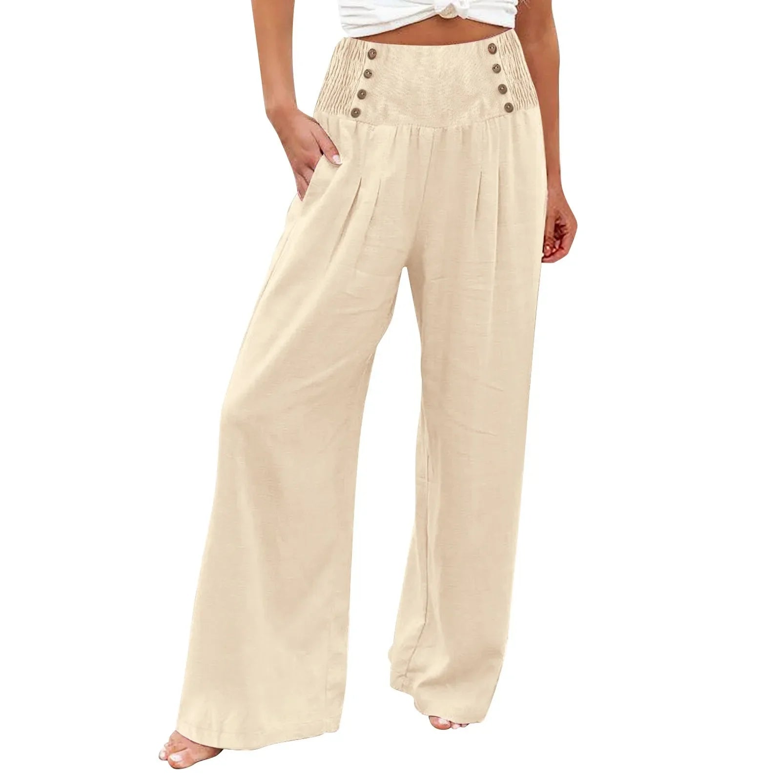 Summer Cotton Linen Wide Leg Pants Women Loose Palazzo Pant Pocket Elastic Waist Button Casual Pants