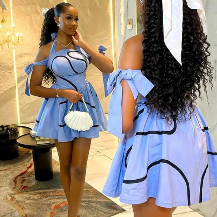 CM.YAYA Summer Women Bowknot Shoulder Halter Neck Geometric Striped Big Swing Dress Streetwear Night Club Party Dresses Vestidos