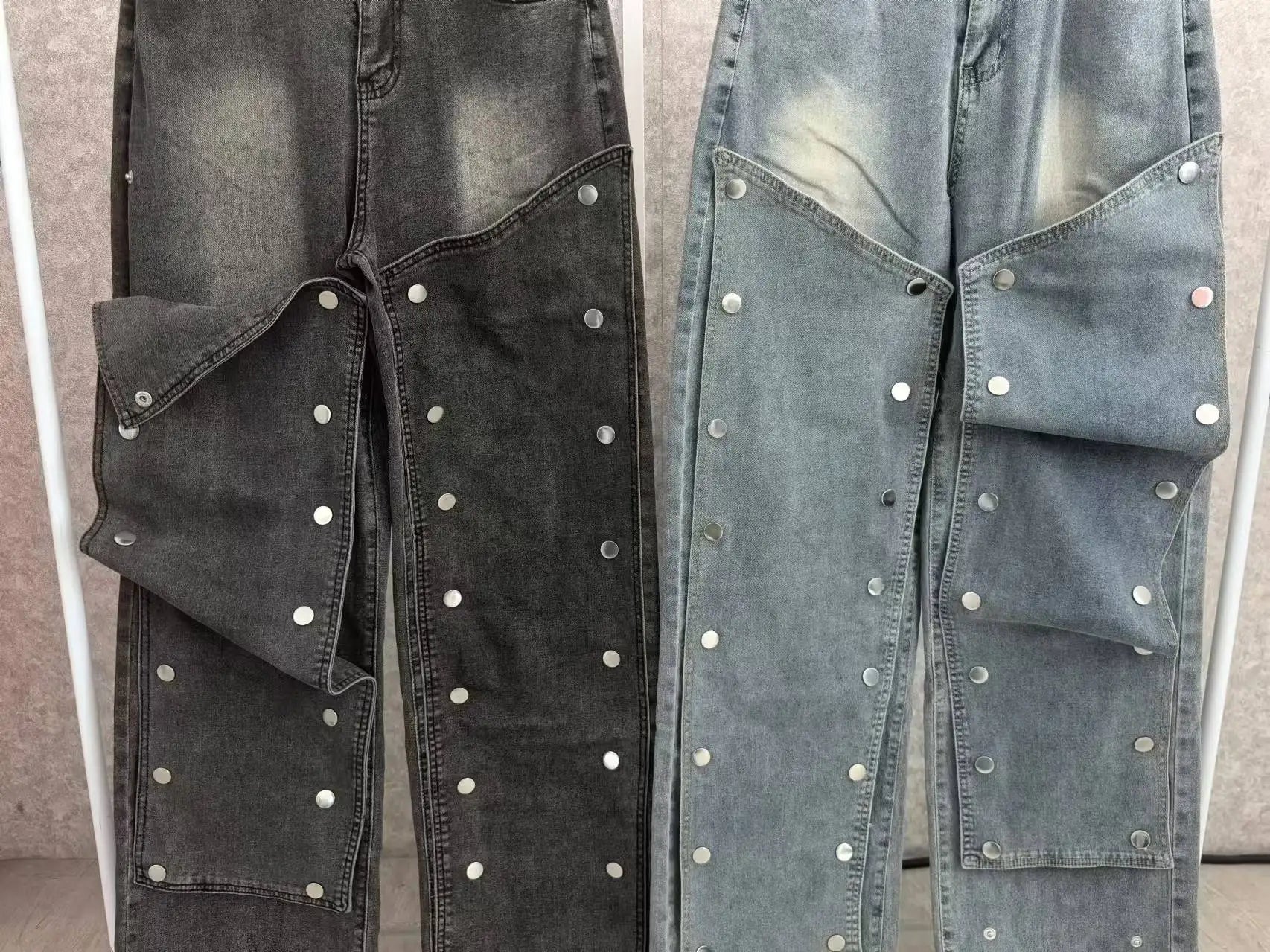 Women Streetwear Button Cutout Cargo Straight Denim Wide Leg Jeans Pants 2024 INS Elastic Fashion Party Cargo Trousers