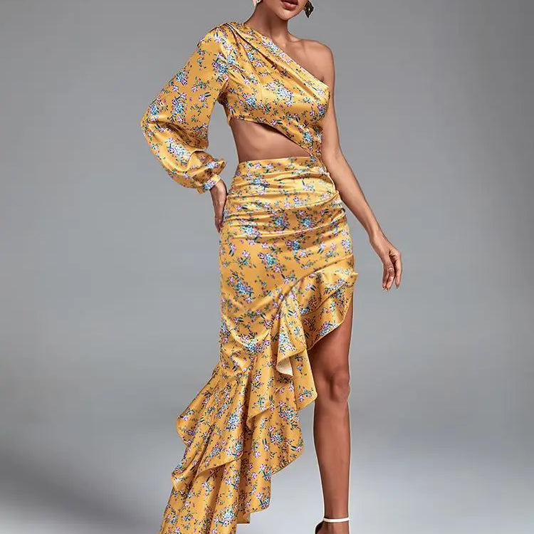 Floral Print Long Dress Women Luxury Evening Party Dress Elegant Ruffle Sexy One Shoulder Birthday Club Outfits Summer 2023 Yellow