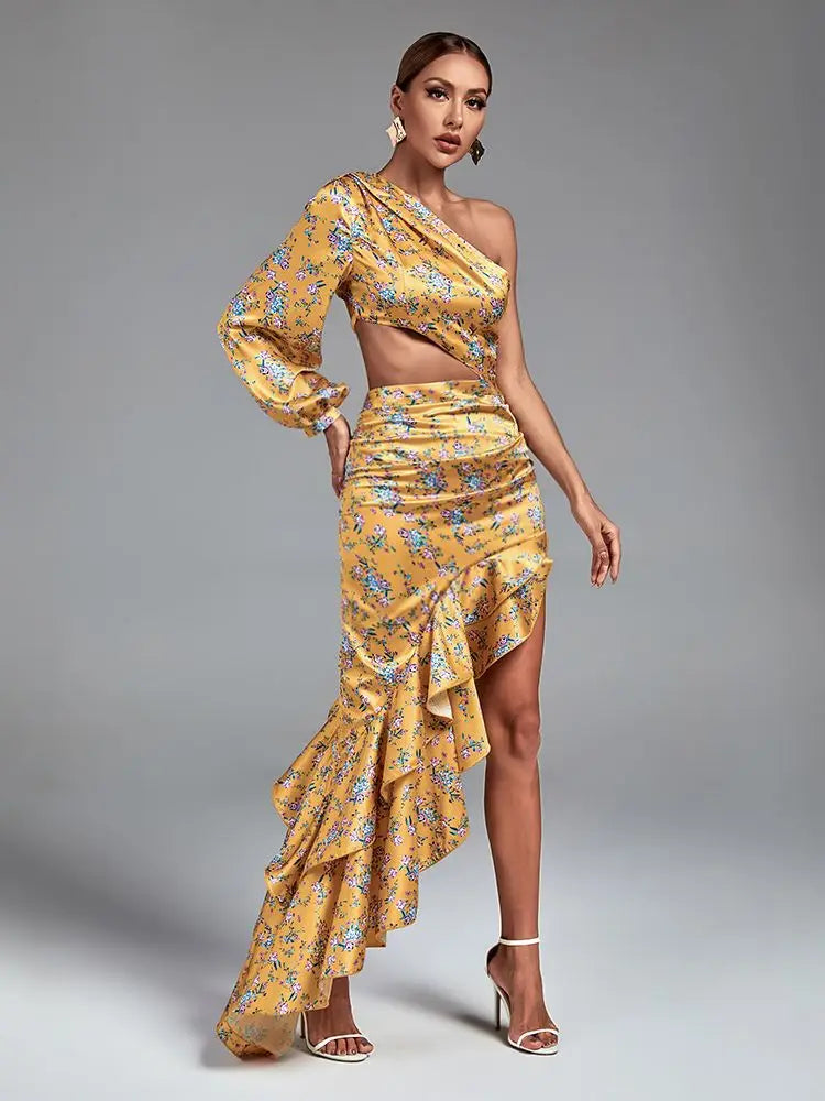 Floral Print Long Dress Women Luxury Evening Party Dress Elegant Ruffle Sexy One Shoulder Birthday Club Outfits Summer 2023 Yellow