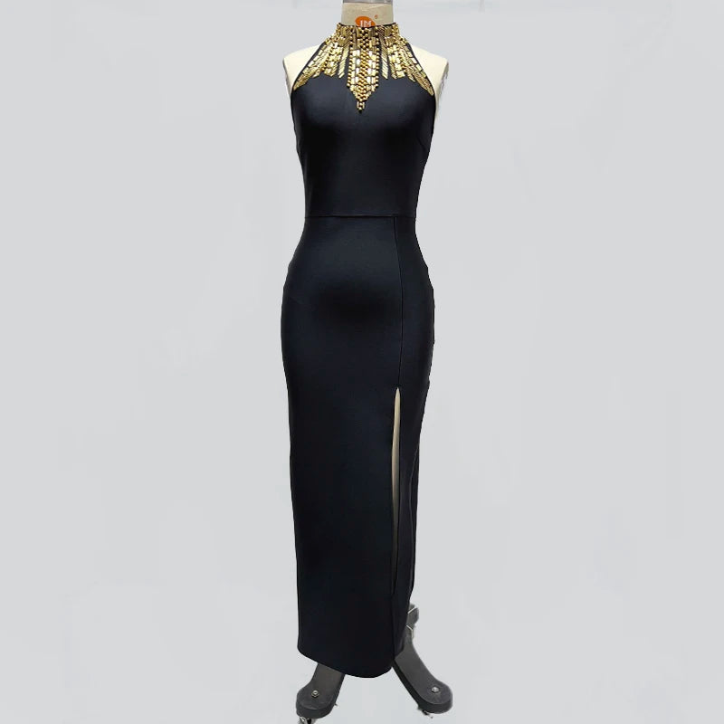 Golden Beading Women Sexy Off the Shoulder Bodycon Long Bandage Dress Fashion Celebrate Evening Party Outfit black