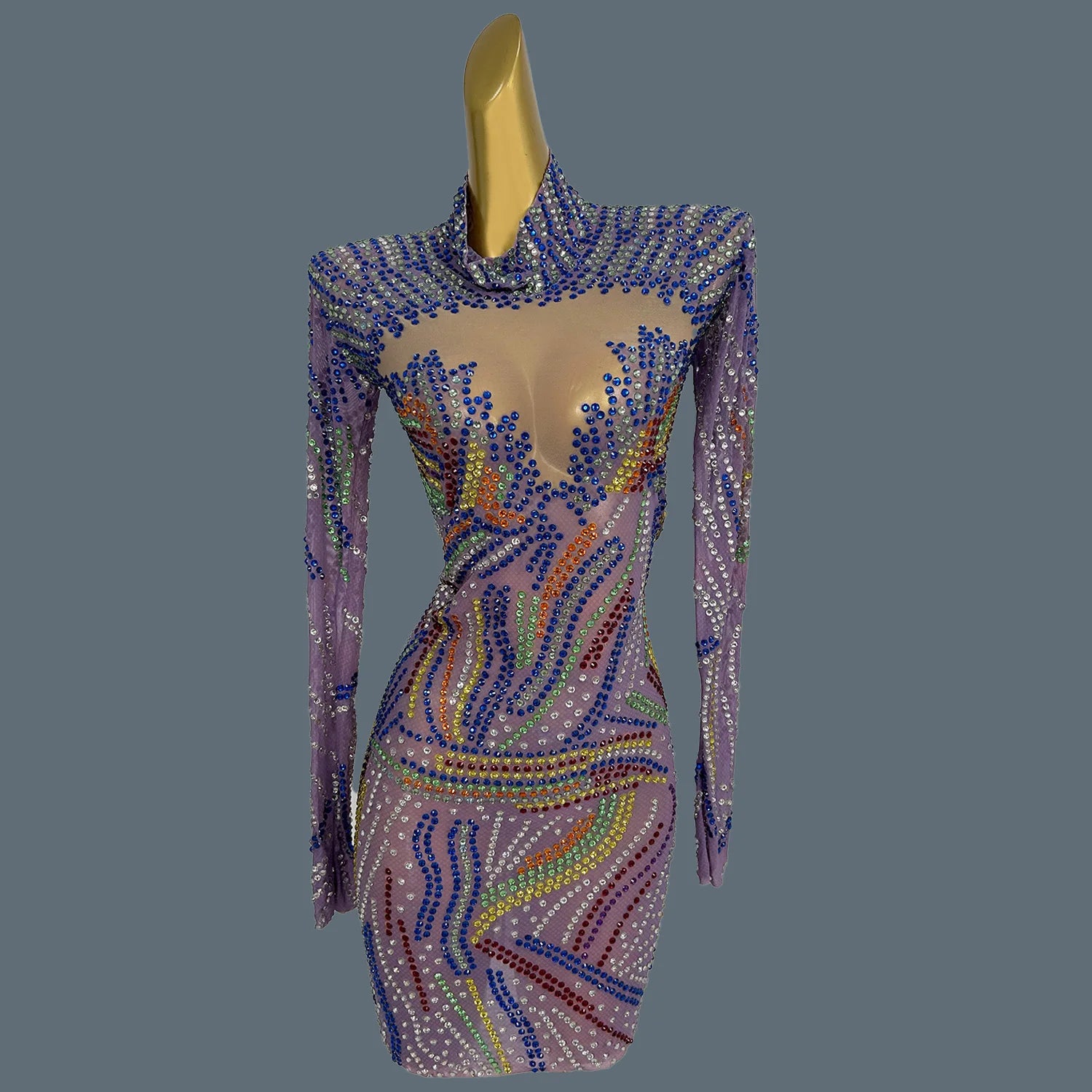 Sparkly Multicolour Rhinestone Mini Dress Sexy Women See Through Mesh Event Short Dress Birthday Party Photo Shoot Wear Malanhui as shown