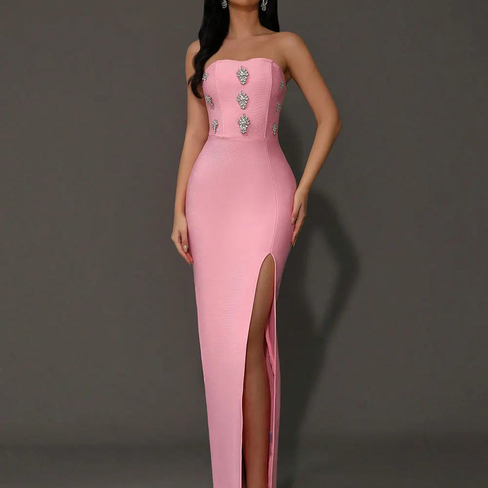 2024 Sexy Women'S Light Luxury Rhinestone Bandage Dress Strapless Sleeveless Bodycon Split Length Dress Christmas Party Vestidos Pink