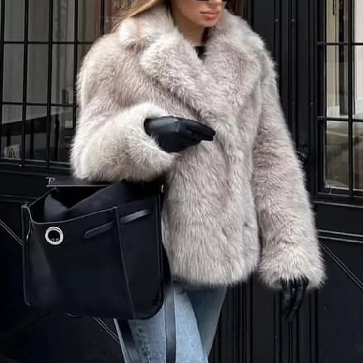 HH Women Fashion Lapel Faux Fur Jackets Elegant Solid Long Sleeves Oversized Coats 2025 Female Winter Fuzzy Warm Outerwear