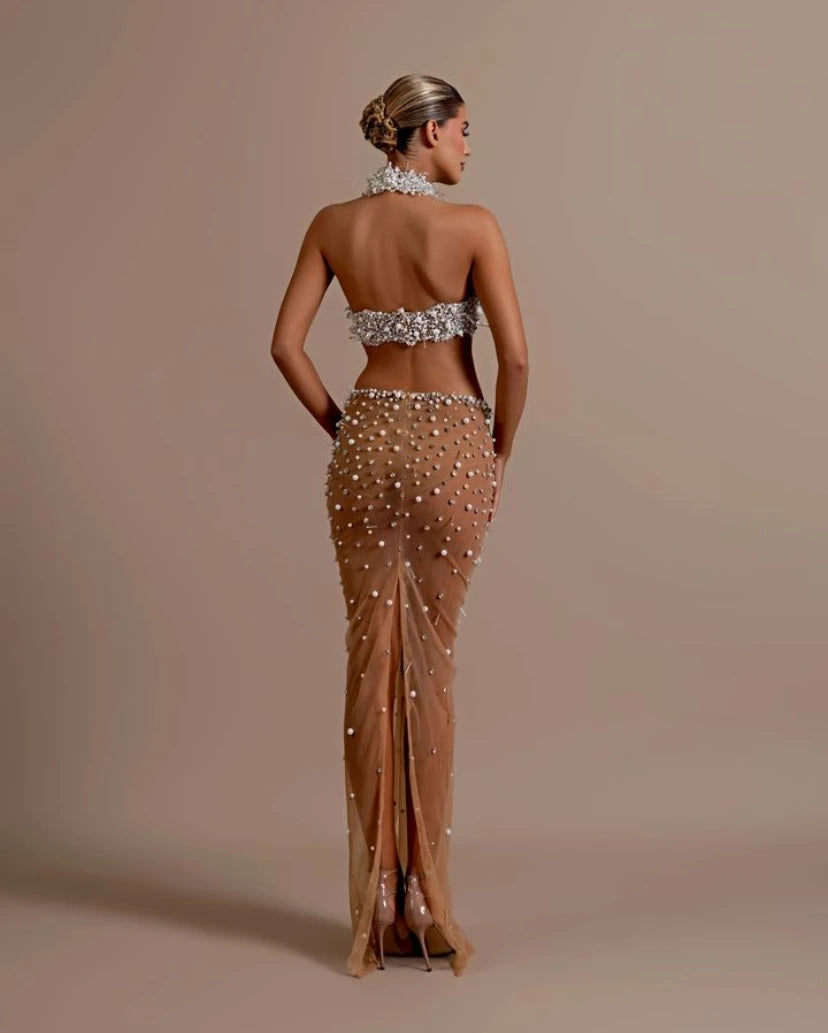 Fashion Women Sexy Off the Shoulder Pearl Beading 2 Pieces Bodycon Long Dress Mesh See Through Nightclub Party Celebrate Dress