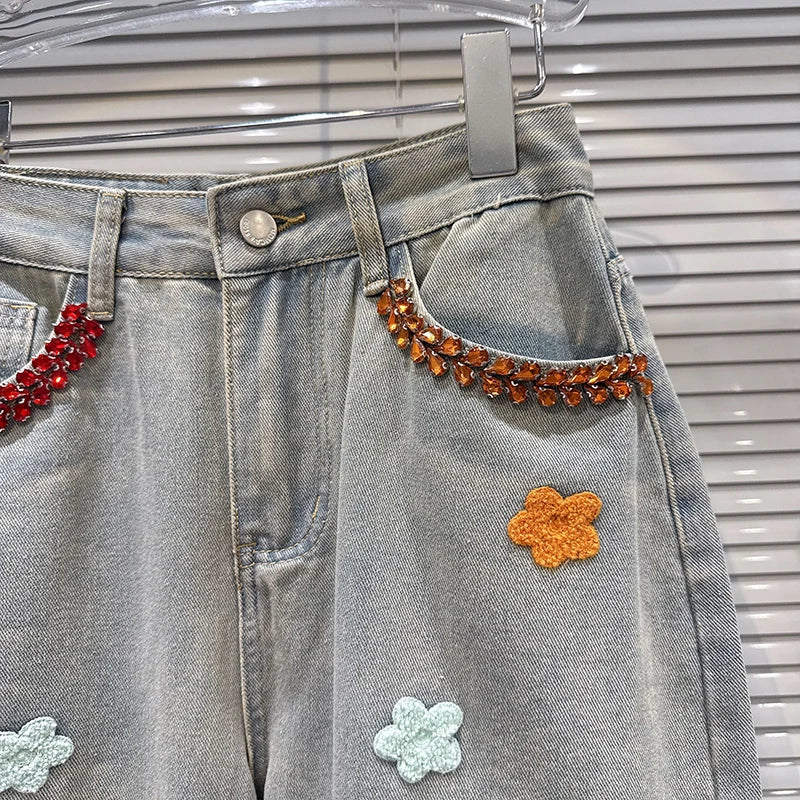 Autumn Winter New Fashion Rhinestone Pocket Knitted Flower Decoration Wide-Leg Jeans For Women Straight Pants 11A07801