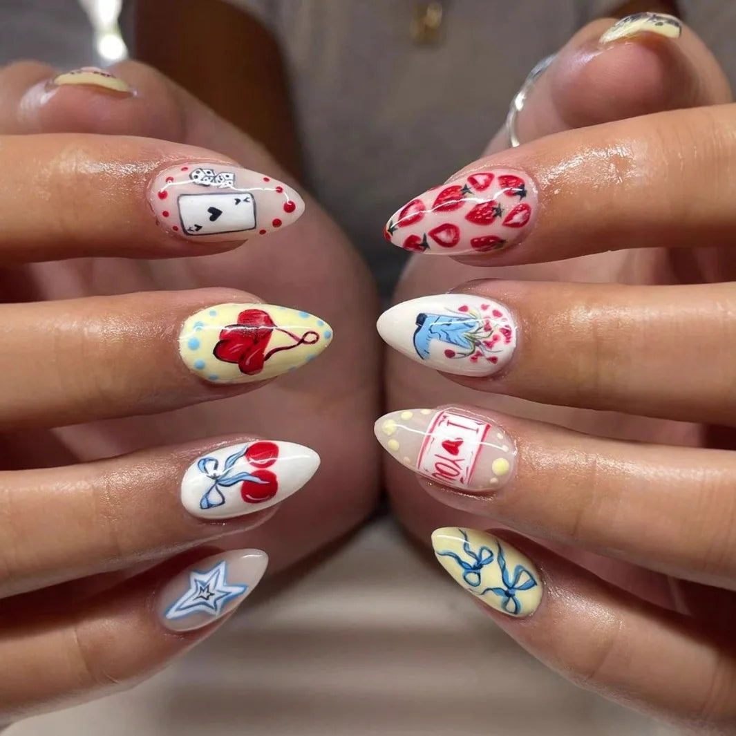 24pcs Summer Ocean False Nails Shark Starfish Pattern Fake Nails Tips Wearable Detachable Spice Girl Almond Press on Nails 3