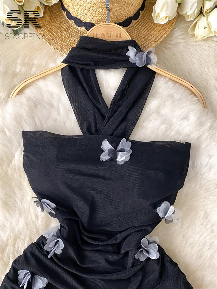 SINGREINY Hotsweet Sexy Slim Dress Ladies Halter Strapless Sleeveless BodyconThre-dimensional Floral Fashion Short Dress