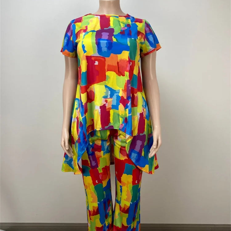 Wmstar Women Plus Size Two Piece Set 5XL Summer Casual Print T Shirt Wide Leg Pants Female Outfits Wholesale Dropshipping 2024