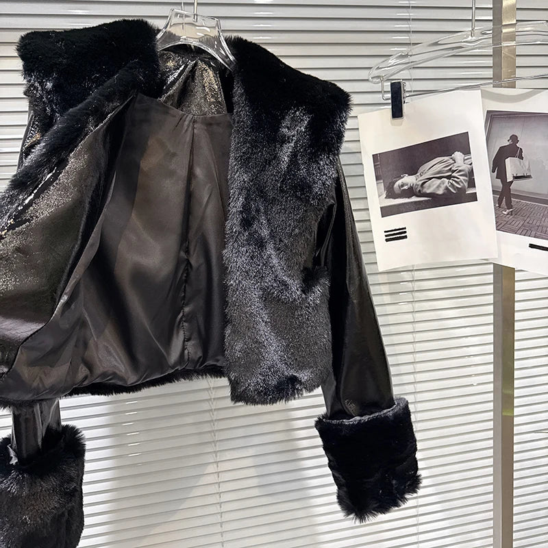 Winter New Fashion Fur Patchwork PU Leather Short Jacket For Women High Street Style Lapel Coat Female Trend 11A07483