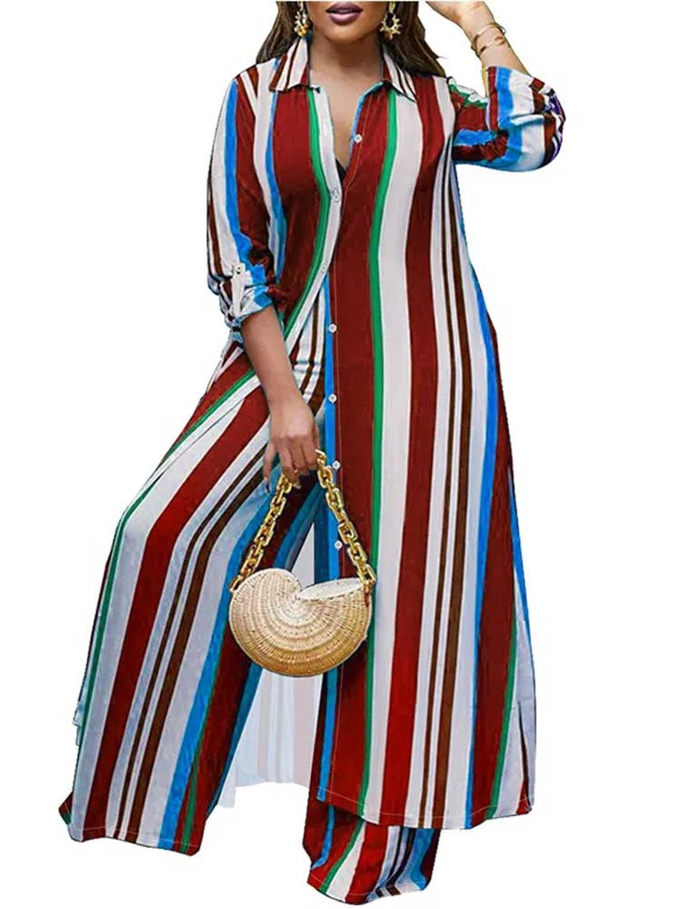 2 Piece Outfit Set Women Plus Size Matching Sets Long Shirt Top and Pants Sets Striped Casual Outfits 5xl Women Autumn Clothes Burgundy