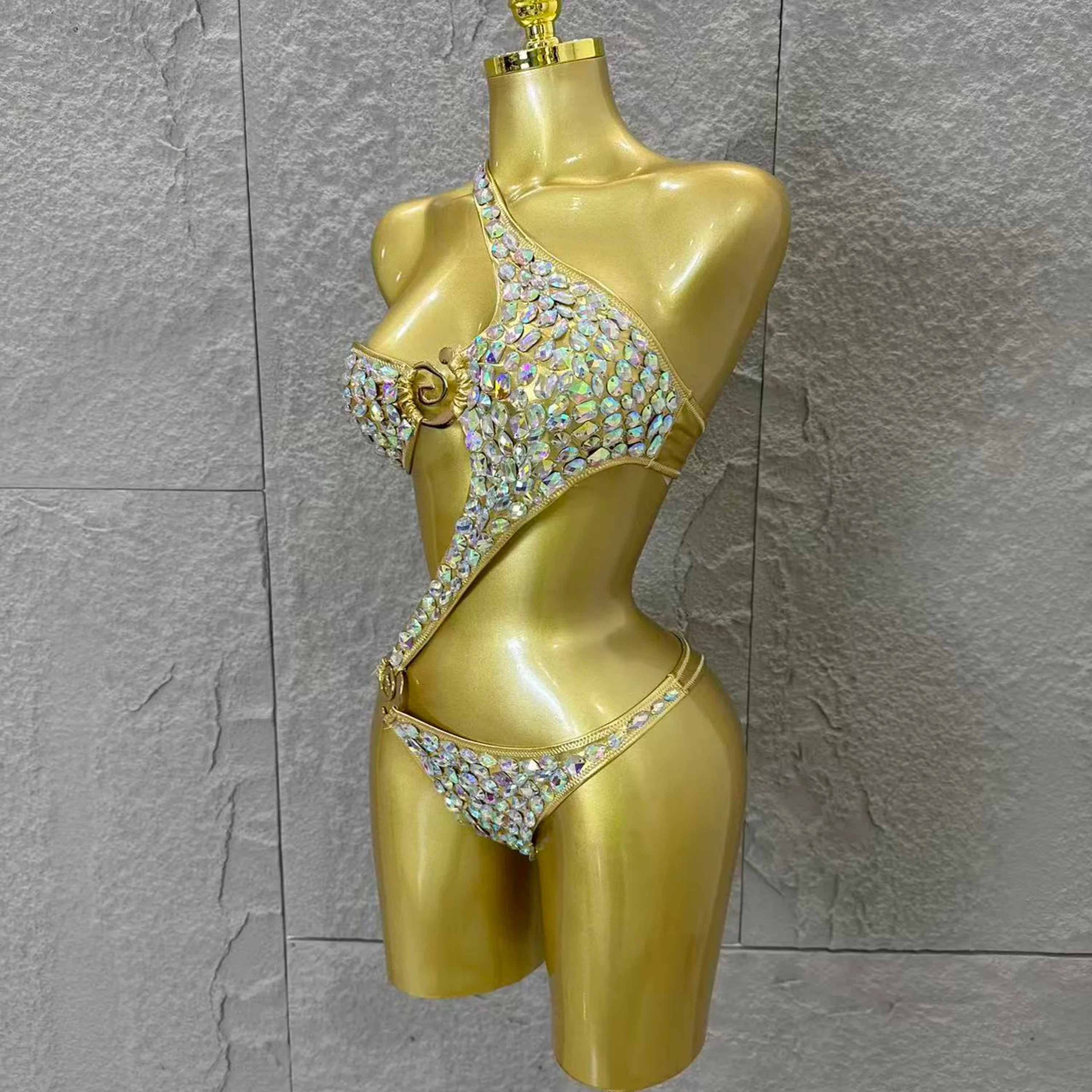 Women Sexy Halter Neck Iridescent Crystal Embellished Cutout Outfit Stage Performance Costume 2026 Luxurious Black Bodysuit