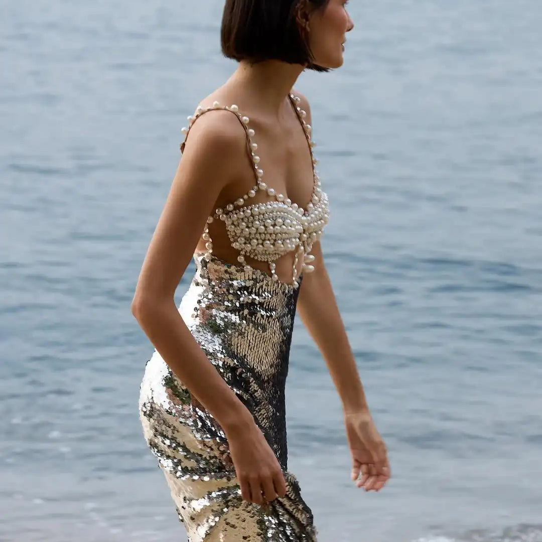 Fashionable Haute Couture Woman Evening Dress Pearl Sliver Sequins Spaghetti Strap Long Dress Celebrity Birthday Party Outfit